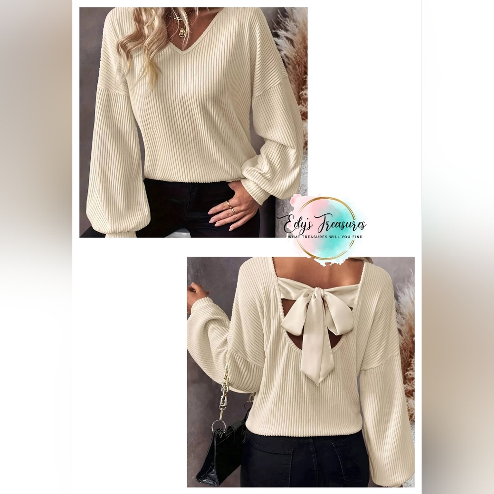 Cream Ribbed Tie Back Sweater Balloon Sleeve V Neck Boutique Top New